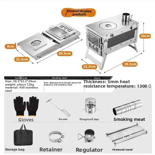 Stainless Steel Portable Tent Stove Foldable with Side Glass Chimney Burner Camping Wood Stove Heating Cooking Grill