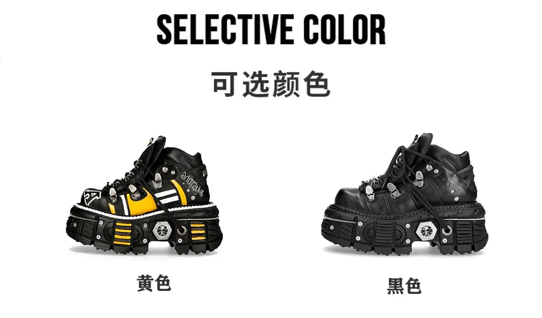 Fashion Men's Genuine Leather Punk New Motorcycle Boots Spanish Tank Metal High-Top Platform Women Handmade Ankle Shoes