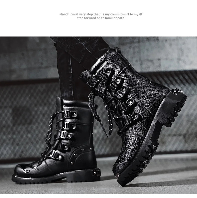 Men Motorcycle Boots Fashion Mid-Calf Punk Rock Punk PU Leather Black High Top Mens Casual Boot Steel Toe Shoes Big Size 38-46