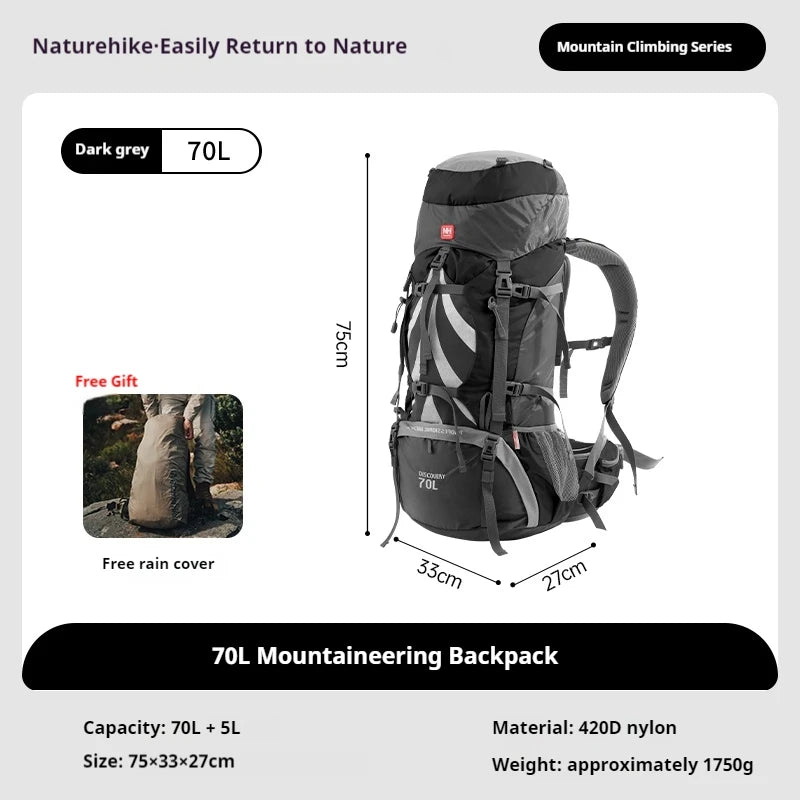 Naturehike 70+5L Backpack Camping Hiking Trekking Backpacking Lightweight Travel Bag With Aluminium Alloy Frame Waterproof Cover