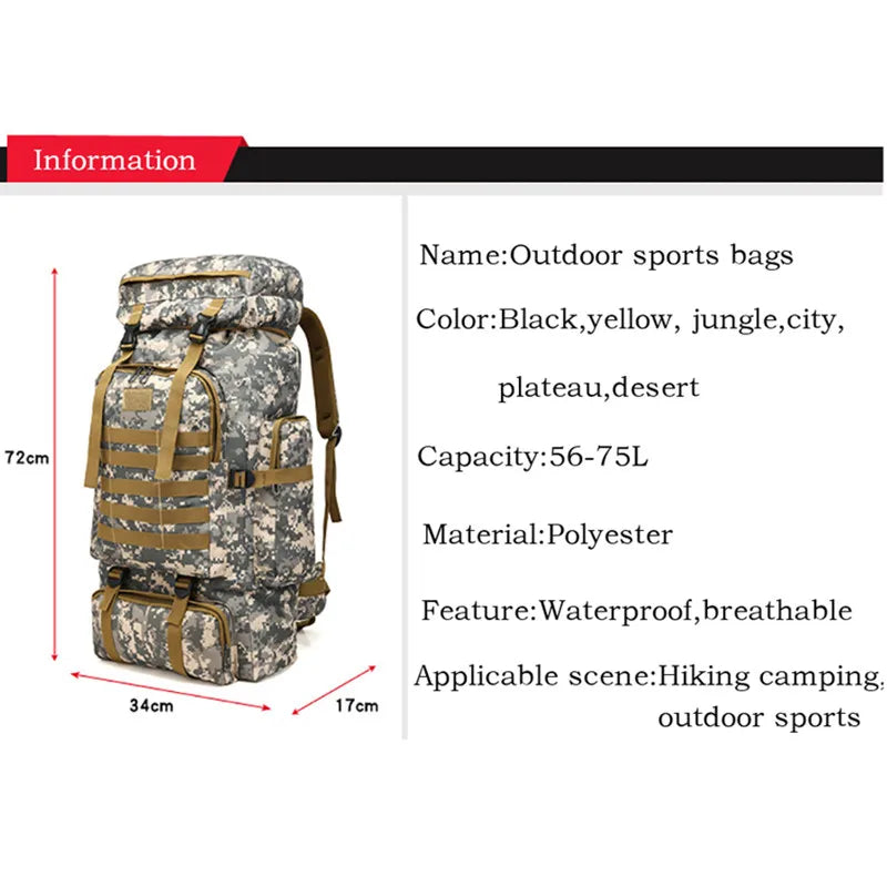 80L Waterproof Molle Camo Tactical Backpack Military Army Hiking Camping Backpack Travel Rucksack Outdoor Sports Climbing Bag