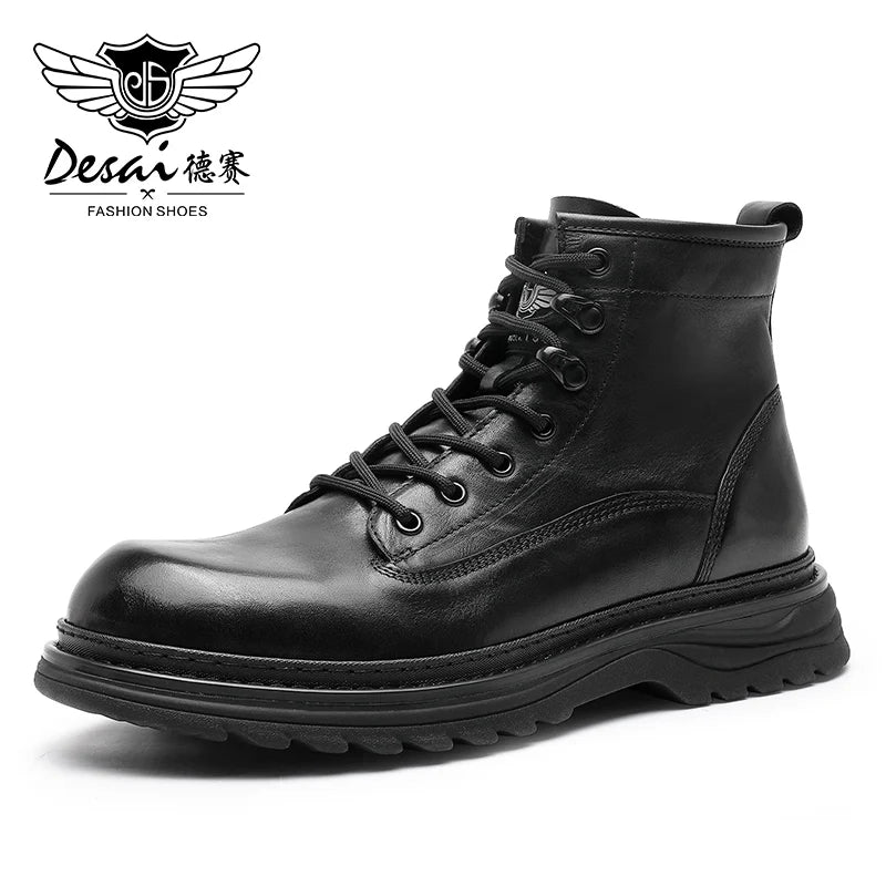 Desai Brand Men Boots Winter Cowboy Full Grain Genuine Leather Military Men Motorcycle Shoes Casual Work Fashion High Quality