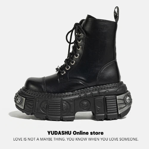 2025 Autumn and Winter New Dark Punk Metal Lace-up Women's British Style Raise the Bottom Zipper Machine Car Boots