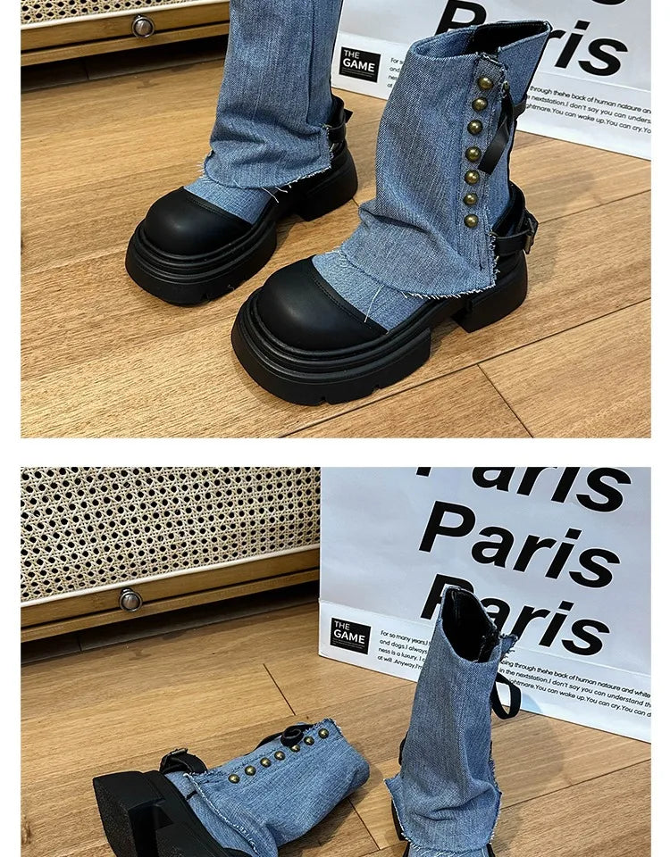 Fall Student Fashion Ankle Boots New Canvas Cowboy Shoes Women's Outdoor Platform Boots Luxury Designer Brand Motorcycle Boots