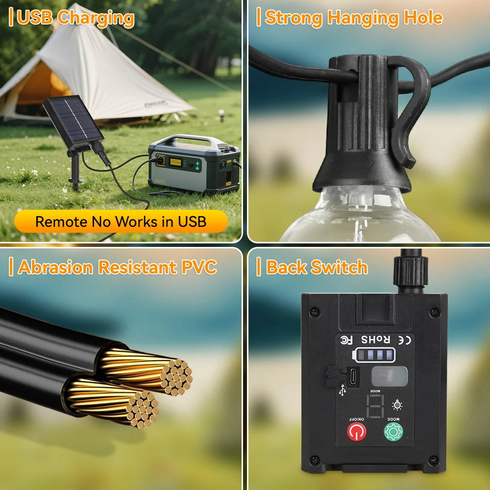 LED Solar String Lamp Waterproof Garden Lights Outdoor Remote Control Solar Camping Tent Lighting for Party Backyard Decorative