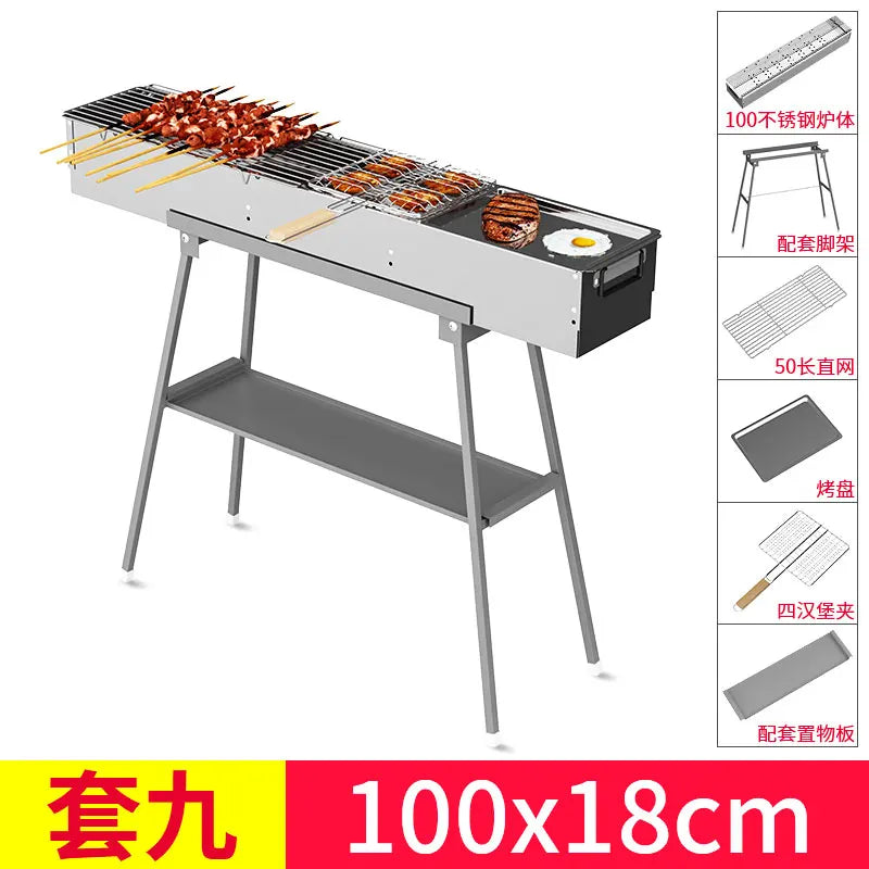 Stainless steel barbecue stove, home charcoal, outdoor large portable, enlarged grill for picnics