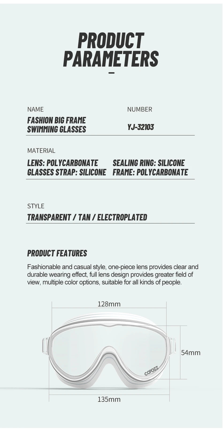 COPOZZ New Large Frame Adults Swimming Goggles Professional Plating Durable Anti Fog Comfort Eyewear Swimming Glasses Men Women