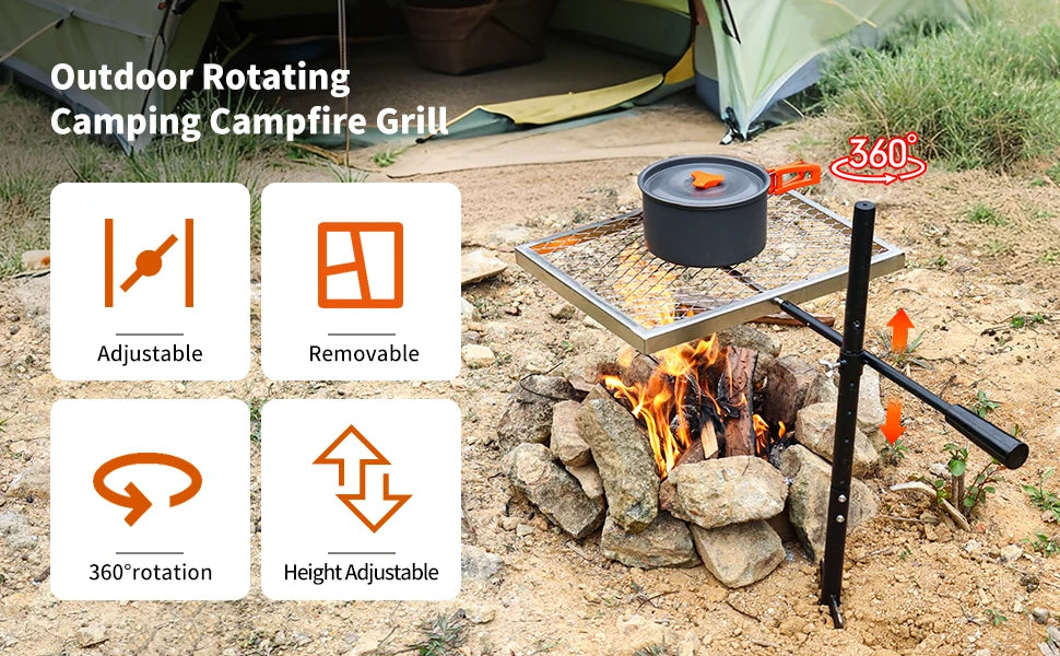 360 ° Swivel Campfire Grill Camp Grill Grate over Fire Pit Portable Grill Rack for Camping Cooking Barbecue