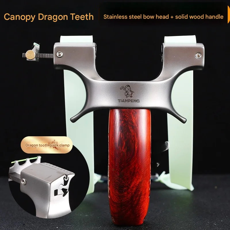 Powerful Stainless Steel Slingshot with Flat Rubber Band Outdoor Hunting and Shooting Combat Catapult with Wooden Handle
