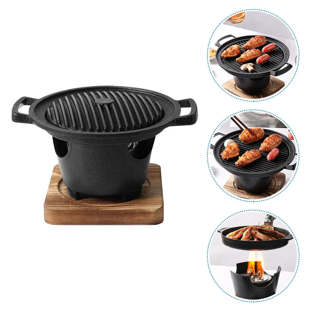 1 Set Grilling Plate Furnace Smoke-Free Barbecue Stove Wooden Board Non-Stick Aluminum Durable Easy Storage Space-Saving Indoor