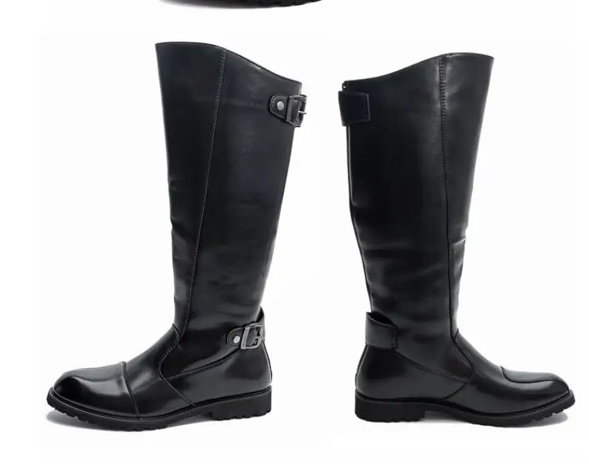 New Arrival Black Long Knee Boots Men Round Toe Buckle High Top Casual PU leather Shoes Man Motorcycle Boots Size 37-46