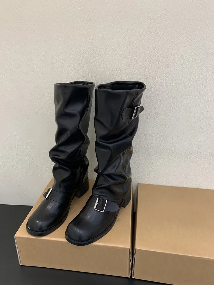 Woman Boots Knee High Platform Heels Trend Punk Gothic New Rock Leather Fashion Women Shoes Motorcycle Footwear Zapatos De Mujer