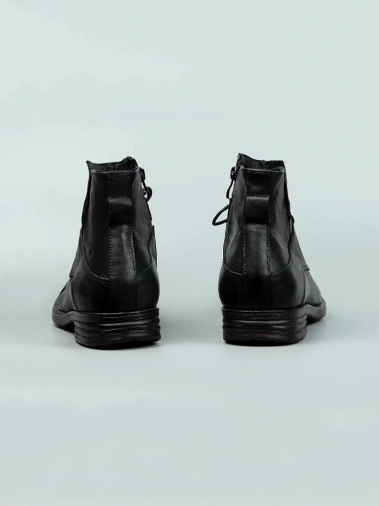 Vintage Mens Cowhide Genuine Leather Riding Ankle Boots Lace Up High Top Work Shoes Vintage Round Toe Autumn Moto Biker Boots