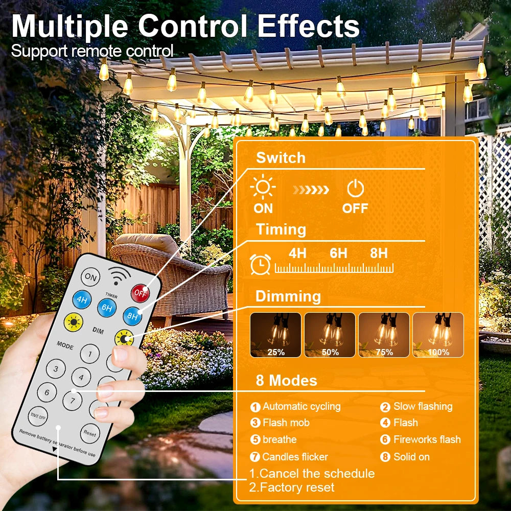 ST38 LED Solar String Light Dimmable Outdoor Shatterproof Garden Solar Powered String Lights with Remote Bistro Cafe Camping Dec