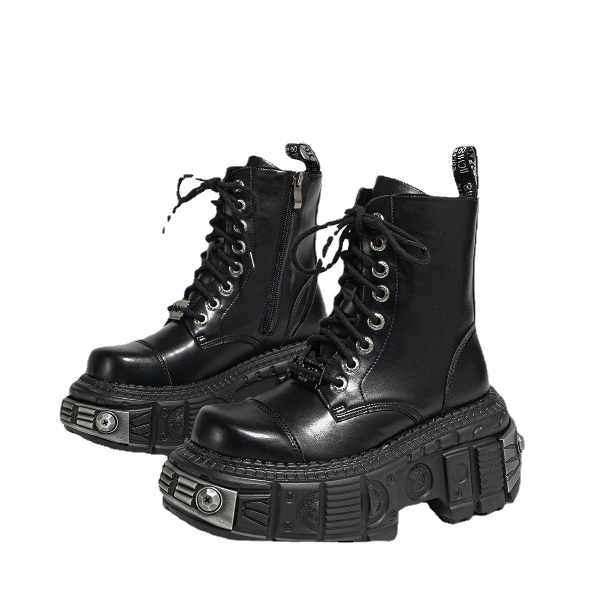 2025 Autumn and Winter New Dark Punk Metal Lace-up Women's British Style Raise the Bottom Zipper Machine Car Boots