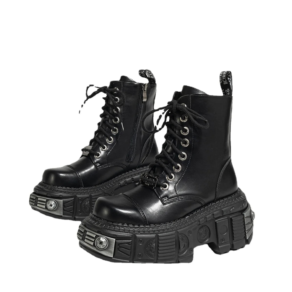 2025 Autumn and Winter New Dark Punk Metal Lace-up Women's British Style Raise the Bottom Zipper Machine Car Boots