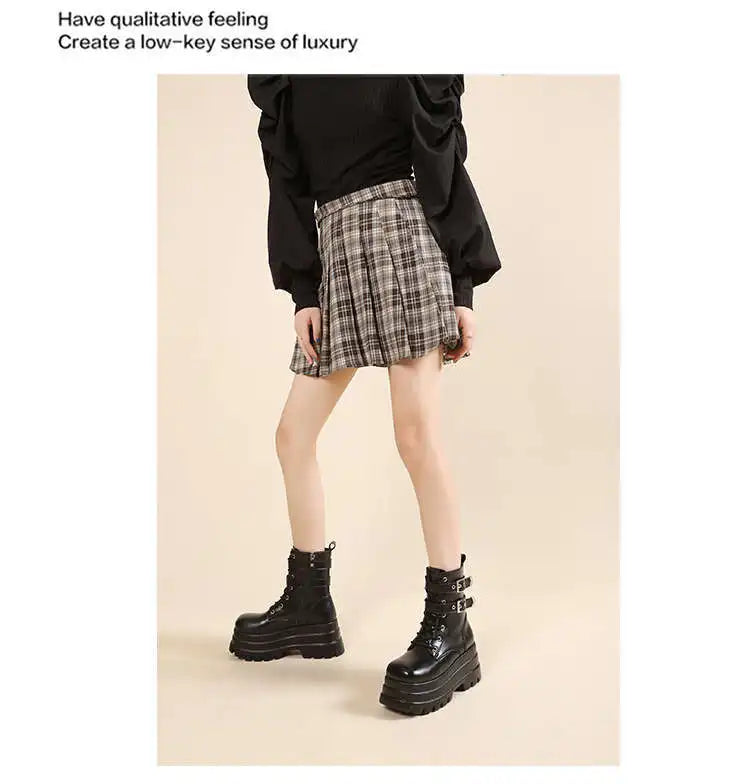 Women Boots British Belt Buckle 2025 Autumn New Height Increasing Thick Soled Short Boot Lace Up Zipper Fashion Motorcycle Boots