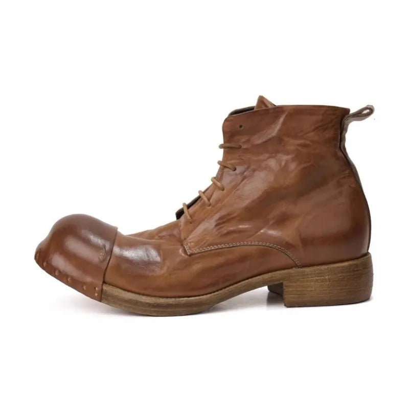 Retro Horsehide Genuine Leather Mens Boots Handmade Lace Up High Top Work Cargo Shoes High Quality Motorcycle Short Boots Male