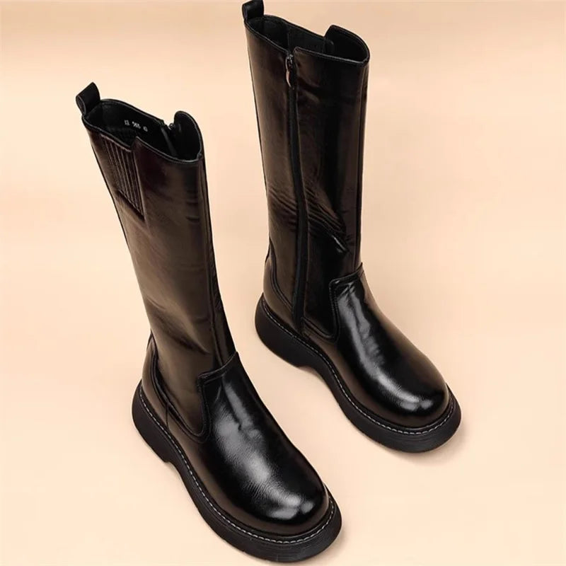 Size 38-43 Top Quality Mid Calf Punk Style Motorcycle Riding Boots Men Shoes Fall Winter Flat Heels Long Boots Male
