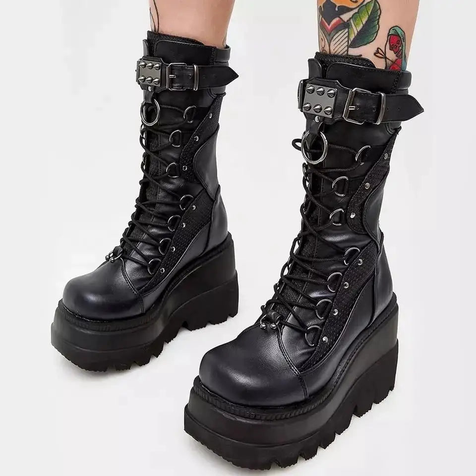Women's Motorcycle Boots Ladies Goth Platform Boots Fashion Rivet Buckle Punk Wedges High Heels Party Street Cosplay Woman Shoes