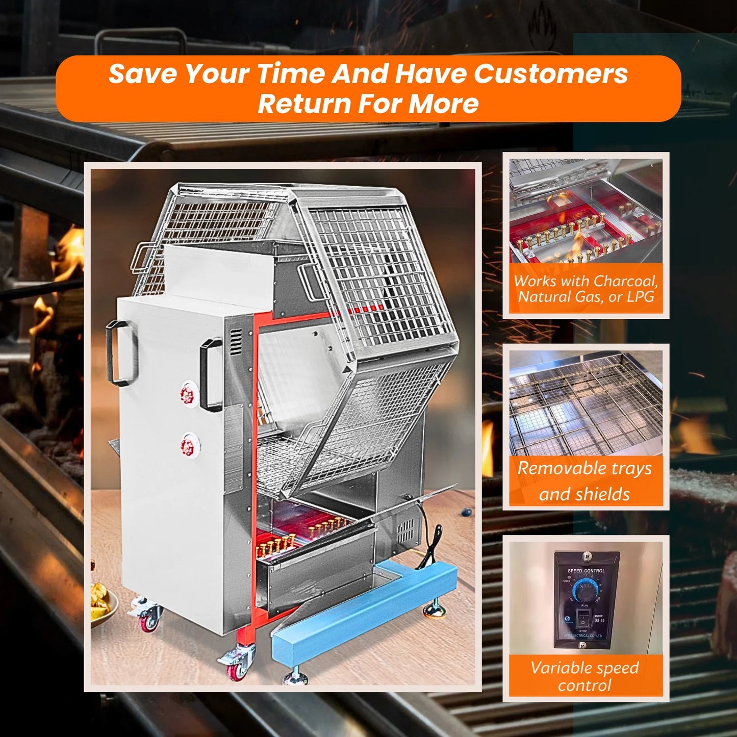 Hot Sale Barbecue Restaurant Charcoal Chicken Rotisserie Machine Truck 220V Flame Grill Broiler With Great Price