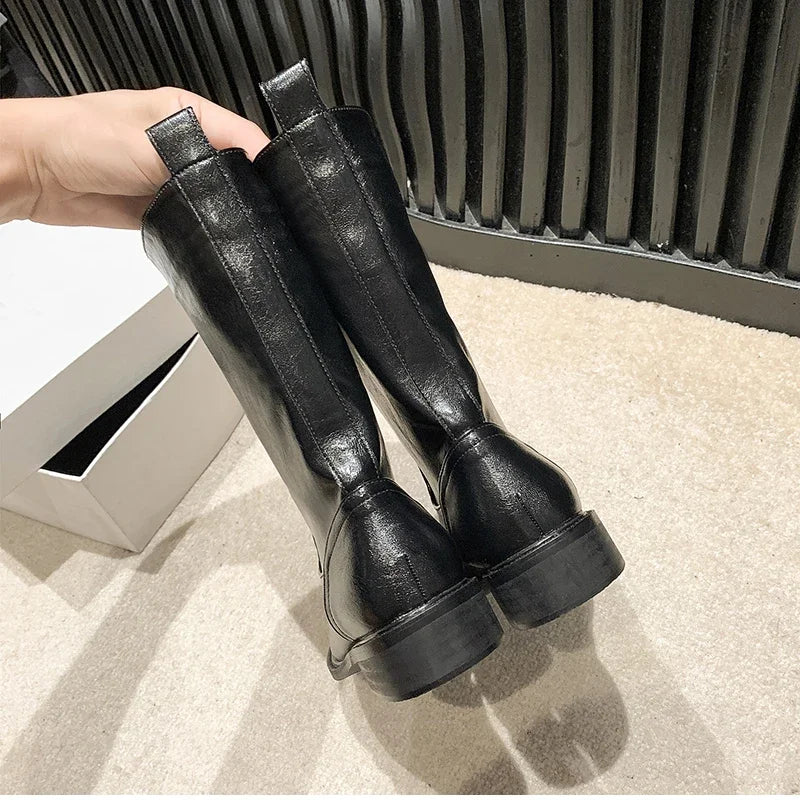 Autumn Winter Women Mid Calf Boots Female Round Toe Slip On Shoes Street Style Motorcycle Botas Mujer