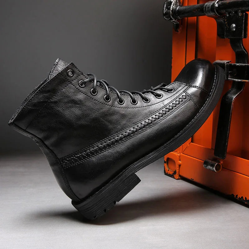 Retro Men Boots Handmade Toe Polish Men Ankle Boots Casual Leather High-top Shoes Platform Motorcycle Booties New Bota Masculina