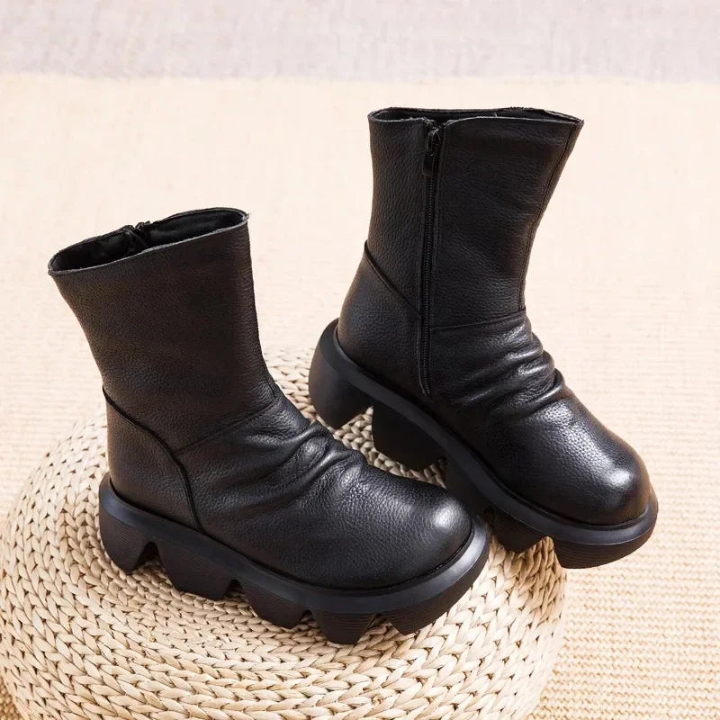 BEYARNE Ankle Boots Women Genuine Cow Leather Platform Bootie Side Zipper Soft Comfortable Autumn Winter Ladies Shoes Handmade