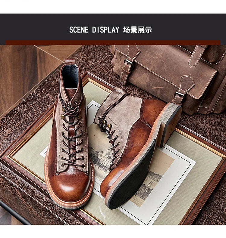 Retro Leather Men Motorcycle Boots High Top Motorbike Riding Boots Fashion Comfortable Ankle Boots Trekking Outdoor Shoes Brown