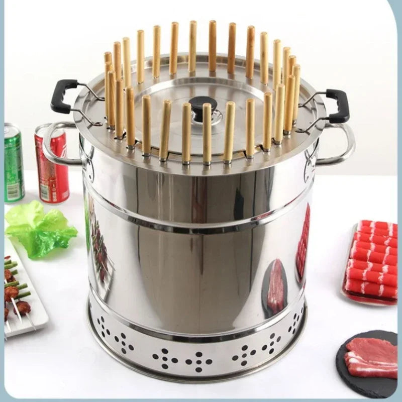 Smokeless Barrel BBQ Grill, Charcoal Rotisserie for Home, Commercial, Outdoor Meat Skewer, Portable Roaster