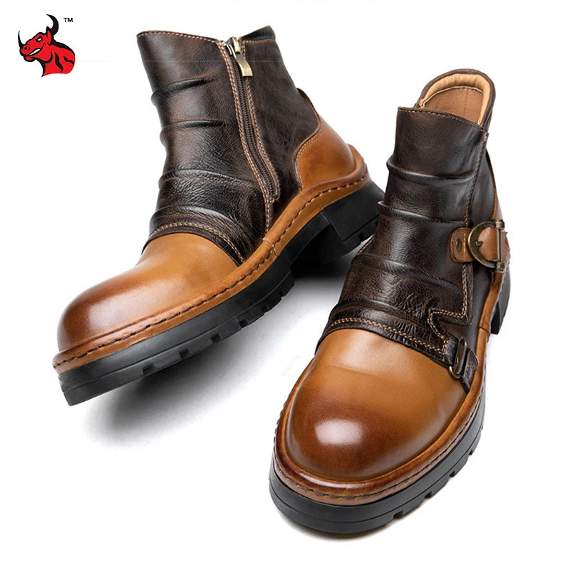 Brown Leather Motorcycle Boots Mens Round Head High Top Motorbike Boots Quality Moto Riding Shoes Thick Soled Summer Winter