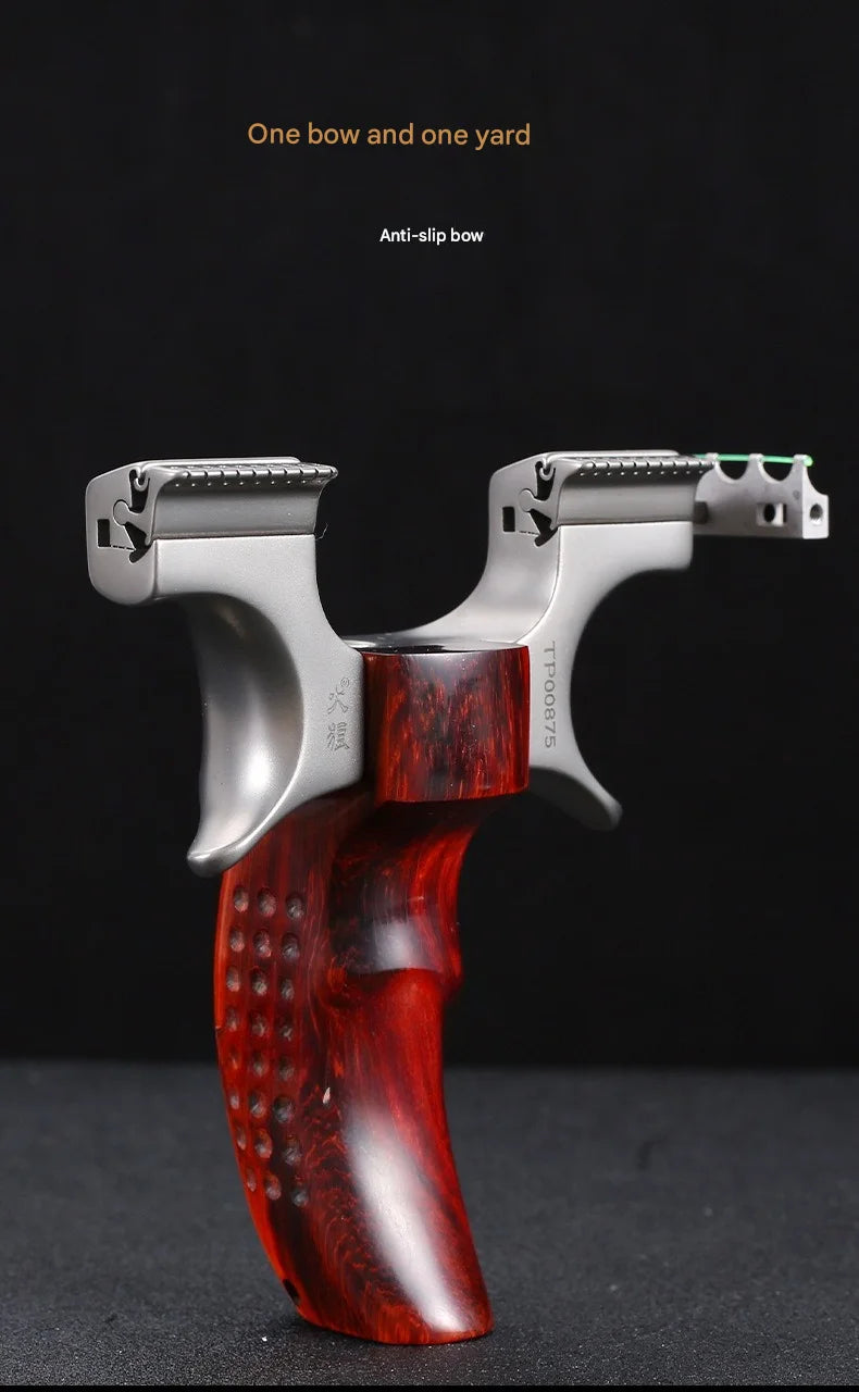 Powerful Stainless Steel Slingshot with Flat Rubber Band Outdoor Hunting and Shooting Combat Catapult with Wooden Handle
