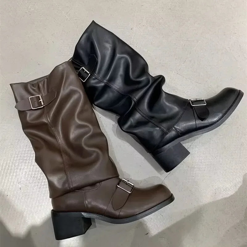 Woman Boots Knee High Platform Chunky Heels Trend Punk Gothic New Rock Leather Fashion Women's Shoes Motorcycle Footwear