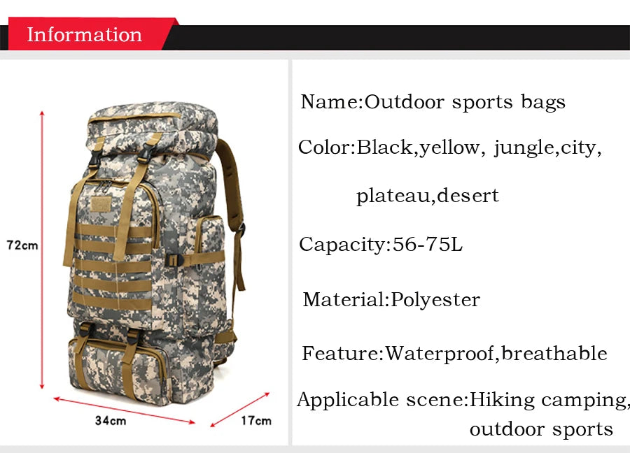 80L Waterproof Molle Camo Tactical Backpack Military Army Hiking Camping Backpack Travel Rucksack Outdoor Sports Climbing Bag