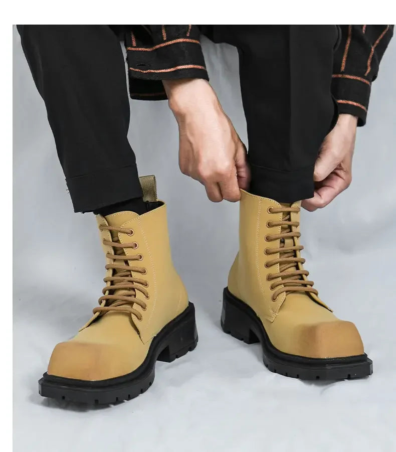 Large Men's Autumn High Top Casual British Motorcycle Shoes, Retro Trendy Brand Height Increasing Big Head Leather Boots