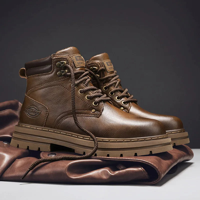 High Top Boots Men's Leather Shoes Fashion Motorcycle Ankle Boots for Men Winter Boots Man All-match Shoes Lace-Up Botas Hombre