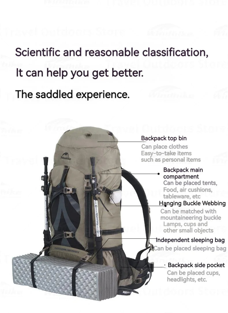Naturehike Outdoor Backpack 70+5L Large Capacity Trekking Bag Backpack 420D Nylon Camping Hiking Travel Backpack With Rain Cover