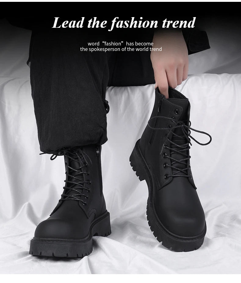 Black Leather Boots for Men High Top Platform Lace Up Light Fashion Motorcycle Boots British Style Men's Waterproof Casual Boots