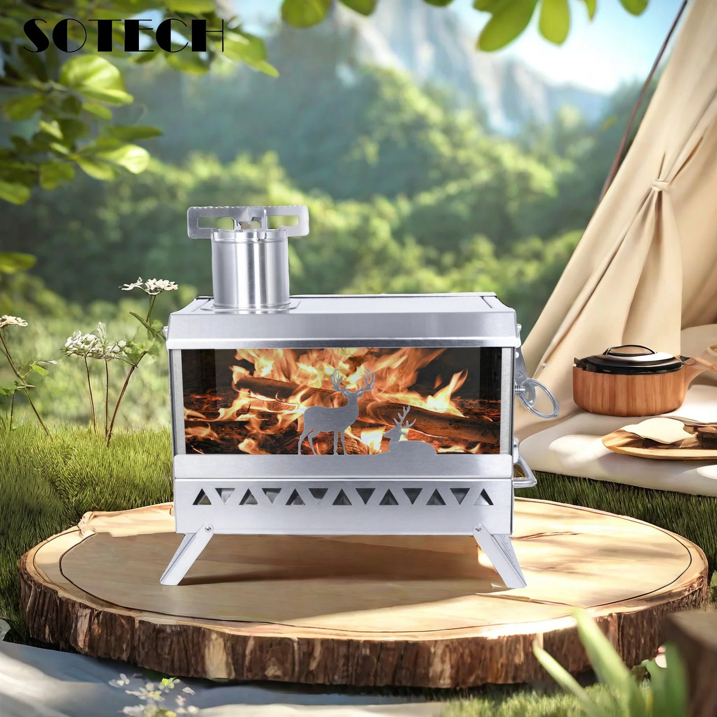 Firewood Stove Outdoor Portable Stainless Steel Burner Desktop Heater with Collapsible Legs for Camping Hiking Barbecue Travel