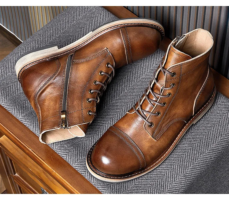 EU Size 38-44 Motorcycle Boots Men Cowhide Motorbike Ankle Boots Thick Soled High Top Western Work Boots Fashion Leather Shoes