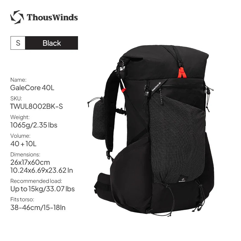 ThousWinds GaleCore 40+10L Lightweight Hiking Backpack Dyneema Trekking Pack Waterproof Bagpack