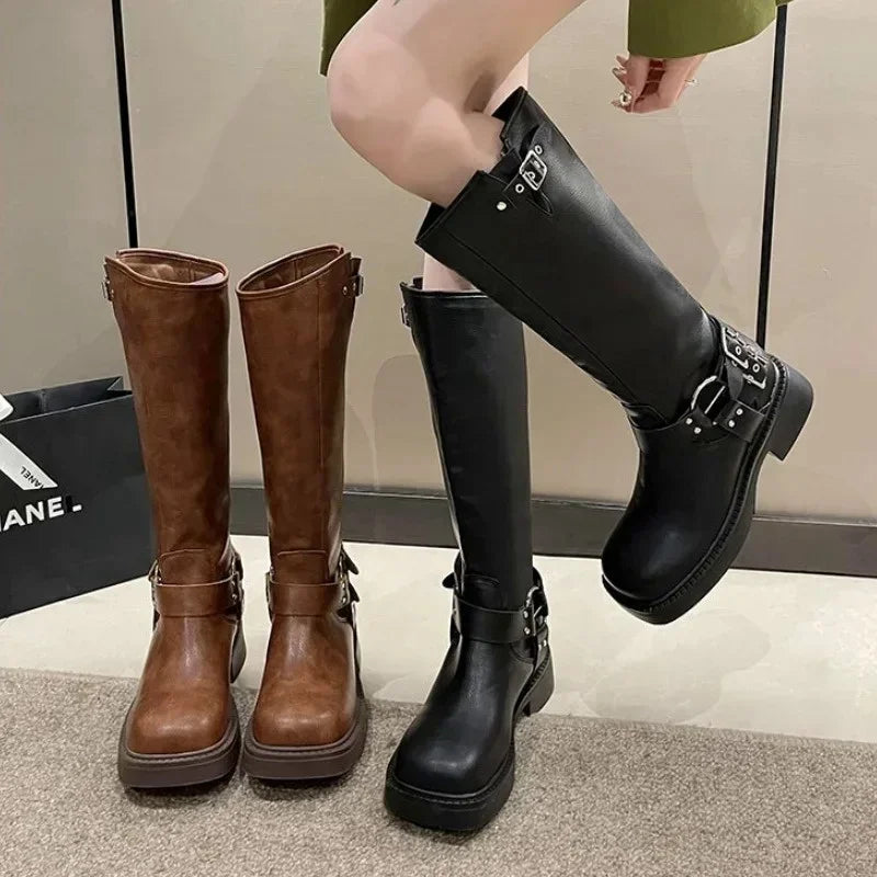 WOMEN'S platform knee-high Knight casual long boots chunky vintage fashion buckle luxury designer Western cowboy woman shoes