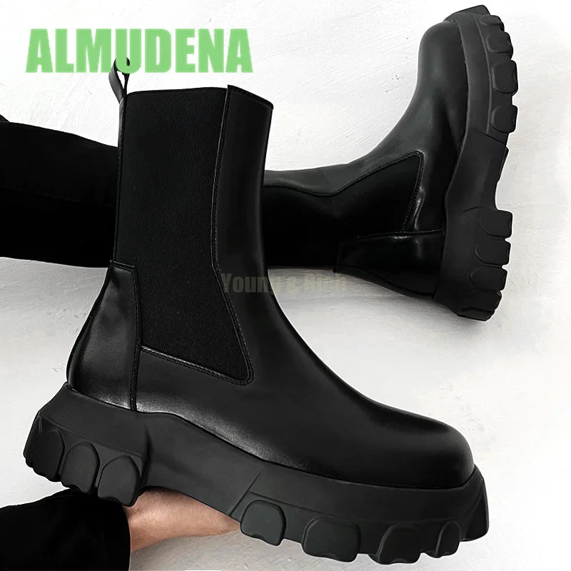 Thick Soled Chelsea Boots Men's Trendy High Top Boots Retro Handsome Motorcycle Boots Versatile Ankle Boots and Short Boots