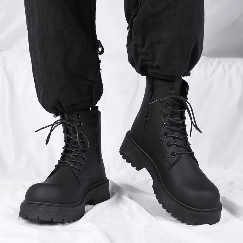 Black Leather Boots for Men High Top Platform Lace Up Light Fashion Motorcycle Boots British Style Men's Waterproof Casual Boots