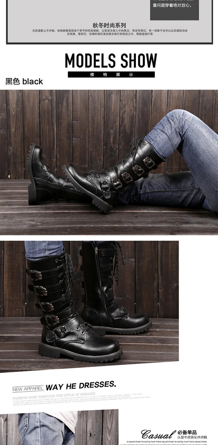 Men Winter Motorcycle Boots Mid-Calf Punk Rock Punk Shoes Mens PU Leather Black High Top Casual Boot Man Motorcycle Boots