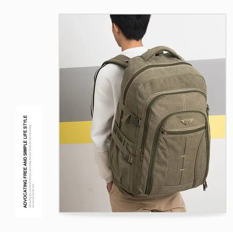 70L Thick Canvas Camping Backpack Large Capacity Waterproof Outdoor Trekking Travel Climbing Bag Luggage Rucksack Men Hiking Bag