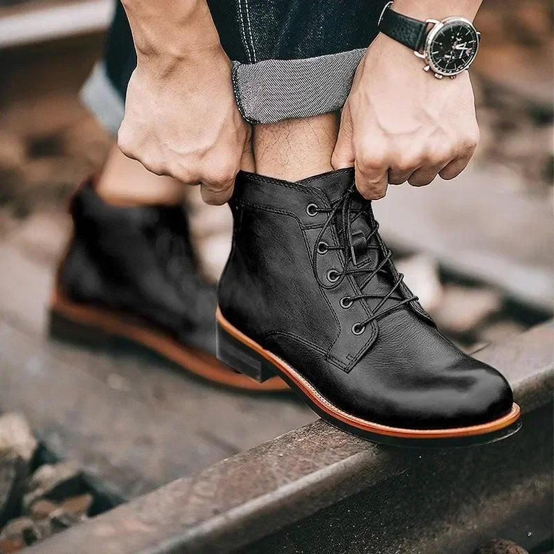 Fashion Motorcycle Boots Men's Casual Leather Shoes Retro Style Work Shoes Outdoor Men Big Head Lace Up Ankle Boot Plus Size 48