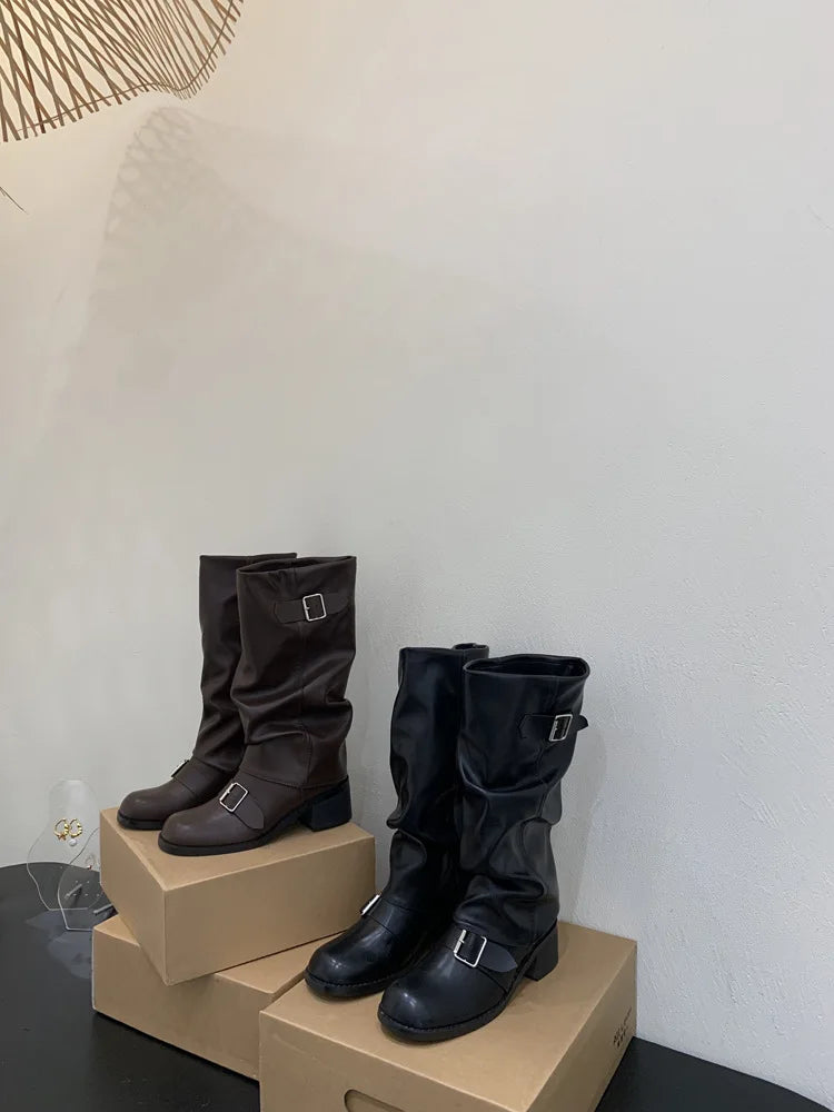 Woman Boots Knee High Platform Heels Trend Punk Gothic New Rock Leather Fashion Women Shoes Motorcycle Footwear Zapatos De Mujer