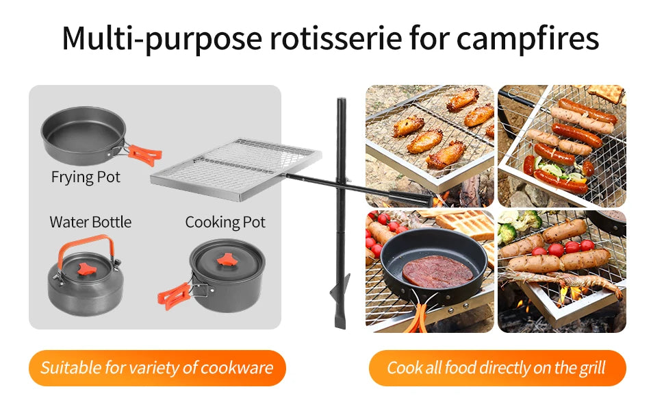 360 ° Swivel Campfire Grill Camp Grill Grate over Fire Pit Portable Grill Rack for Camping Cooking Barbecue