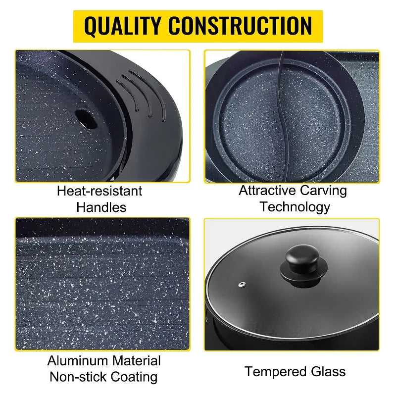 2200W Electric Barbecue Pot 2-in-1 Hot Pot Barbecue Pot Smoke-free Fast and Uniform Heating Independent Dual Temperature Control